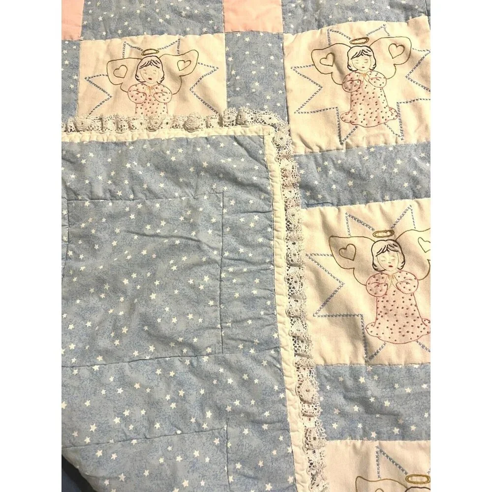 HM Crib Quilt Embroidered Farmhouse Angels Blue Pink Stars Lace 38x45 Country